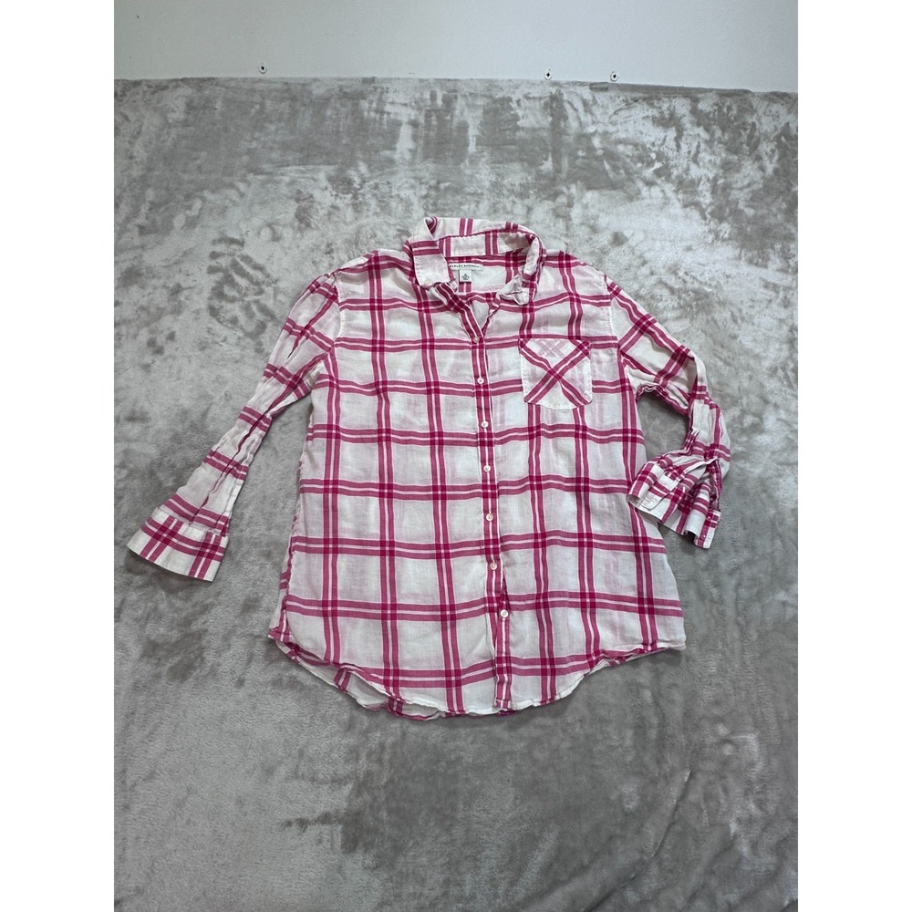 Banana Republic Shirt Womens Size Medium Pink Plaid Cotton Linen Ramie Long EUC
